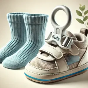 靴下を履いたベビーシューズに取り付けられた安定性の高いシューズクリップ