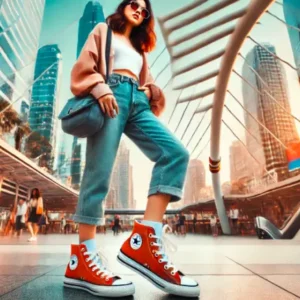 コンバース トレックウェーブを履いた10代女性が都会の街を歩く様子。