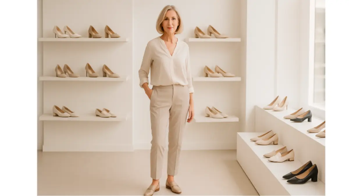 スマートカジュアルな装いでローファーを履いた40代〜50代女性が、ブティックで靴を選んでいる様子