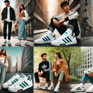 アディダス アドバンコート 白とグリーンのスニーカー 20代男女のカジュアルコーディネート