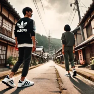 Adidasスニーカーを履いて田舎の街並みを歩く20代の日本人男女
