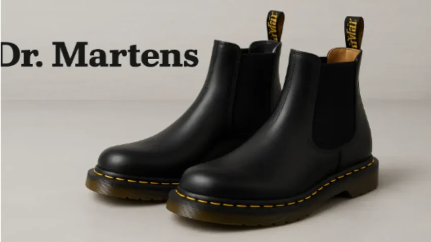 ドクターマーチンのチェルシーブーツ（ブラック＆イエローステッチ）。シンプルで上品な定番モデルの質感が伝わるカット。