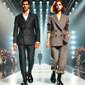 30代の男女がスーツにドクターマーチンの3ホールシューズを合わせ、ファッションショーのランウェイを歩いているシーン