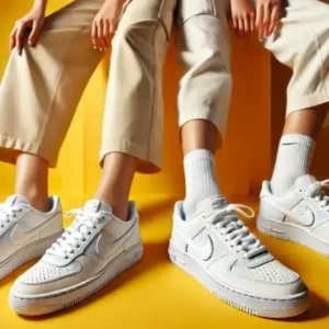 20代女性がナイキ コートビジョンを履いている足元のアップ画像。黄色の背景でスニーカーが映える。