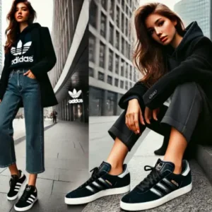 0代の女性が都会の街並みでアディダス ガゼルを履き、ストリートカジュアルとモード系コーデを楽しんでいる