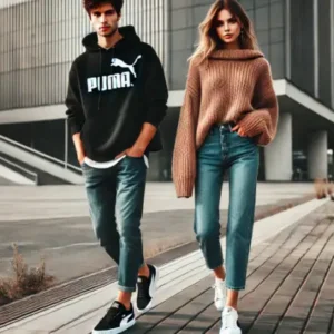 プーマ スリップインを履いた20代の男女がカジュアルスタイルで街を歩く様子