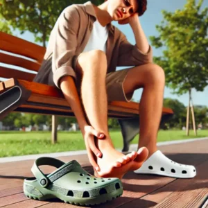 素足でクロックスを履いて靴擦れに苦しむ若者のリアルな写真