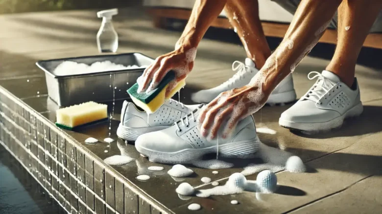 屋外のタイルの上で、ゴルフシューズをスポンジとぬるま湯で丁寧に手洗いしている様子。泡が広がり清潔感のある雰囲気