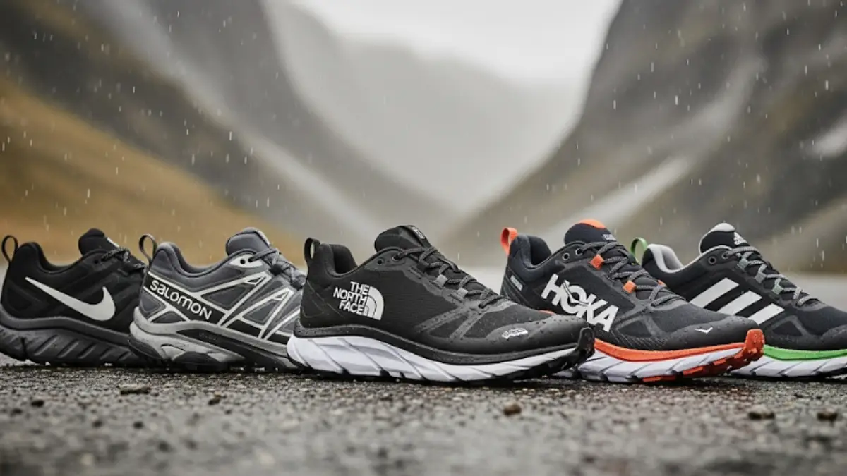 ゴアテックス搭載の防水スニーカー5足が並べられ、水滴が付着している