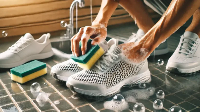 メッシュ素材のゴルフシューズを屋外でぬるま湯とスポンジを使って優しく手洗いしている様子。泡が立ち清潔感があるシーン