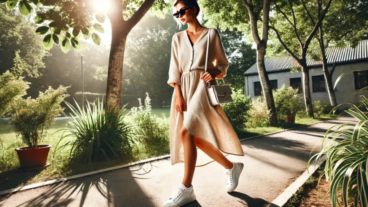 白のハイカットスニーカーを合わせた夏のレディースカジュアルコーデ写真