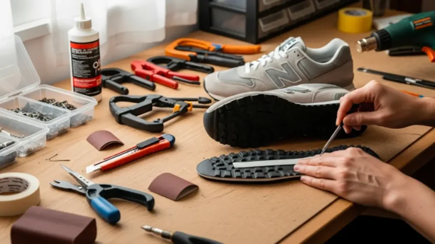 ニューバランススニーカーのソールを自分で交換する作業中の様子