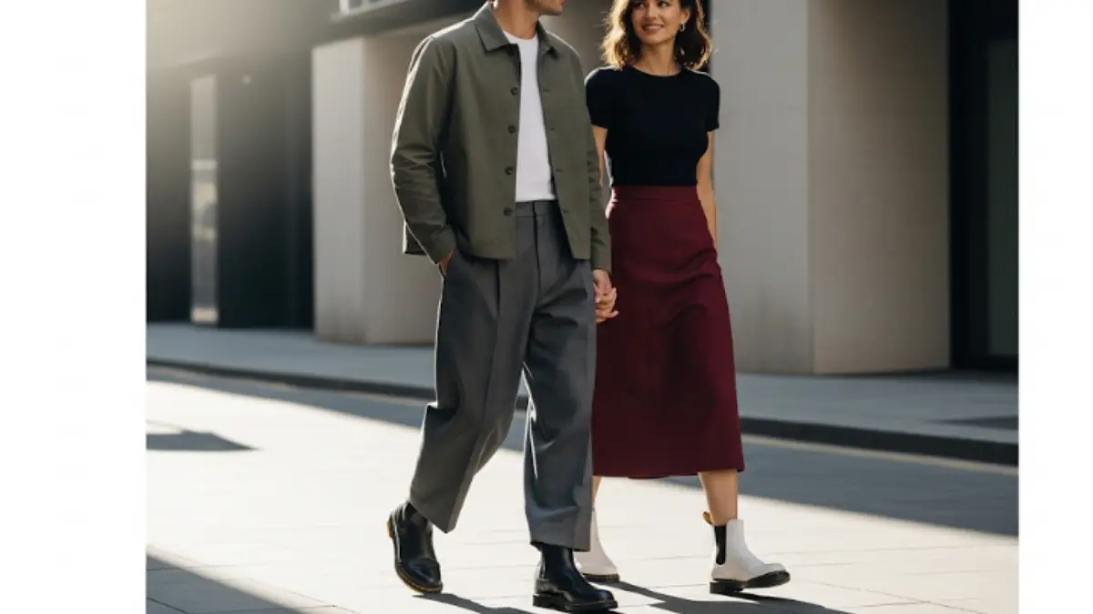 ドクター マーチンのチェルシーブーツを履いた男女のコーデ例、黒と白のブーツを使った街中スタイル