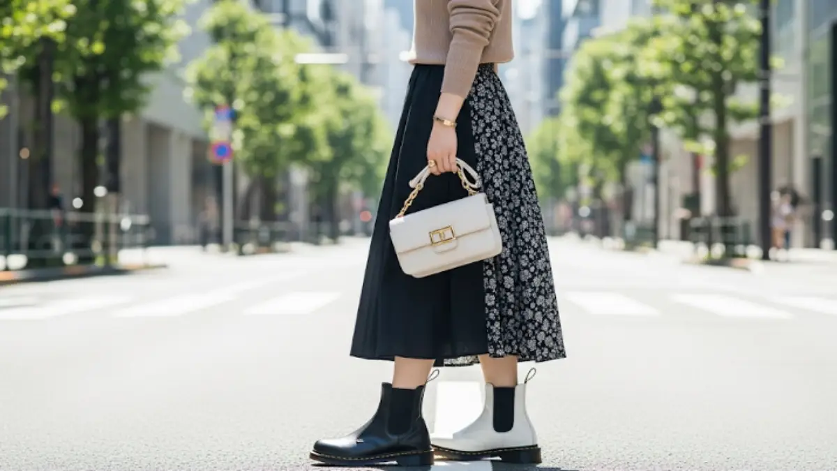 ドクターマーチン チェルシーブーツを履いた女性のコーディネート例。スカートやパンツに合わせやすいレディーススタイル