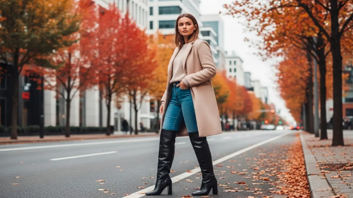 黒のレザーロングブーツを履いた女性モデルの秋冬コーディネート