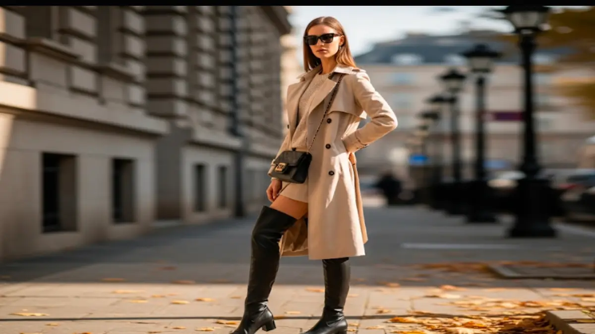 ロングブーツを履いたモデル風コーディネート 女性ファッション