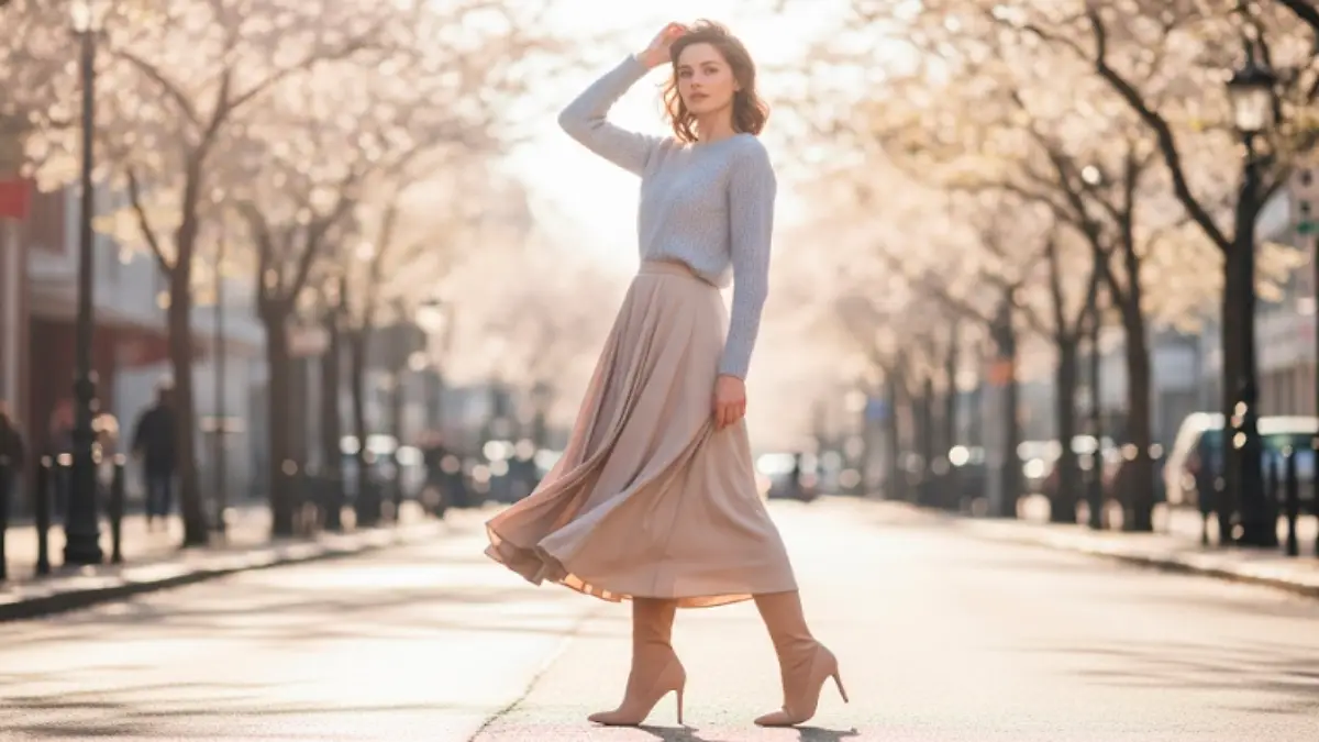 ベージュのストレッチロングブーツを履いた女性モデルの春先コーディネート