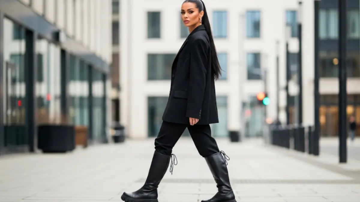 黒のトラックソールロングブーツを履いた女性モデルの都会的なコーディネート
