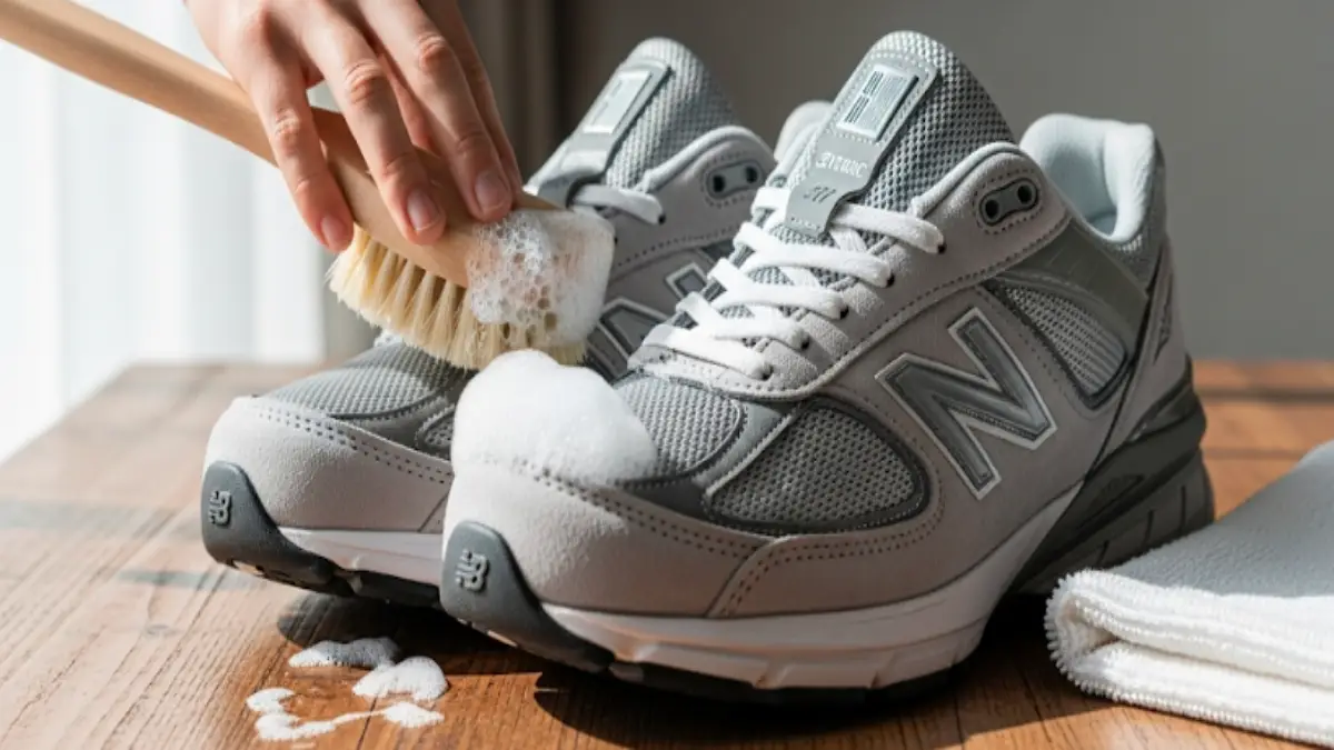 ニューバランスのメッシュ素材スニーカーを柔らかいブラシと泡で優しく洗っている様子