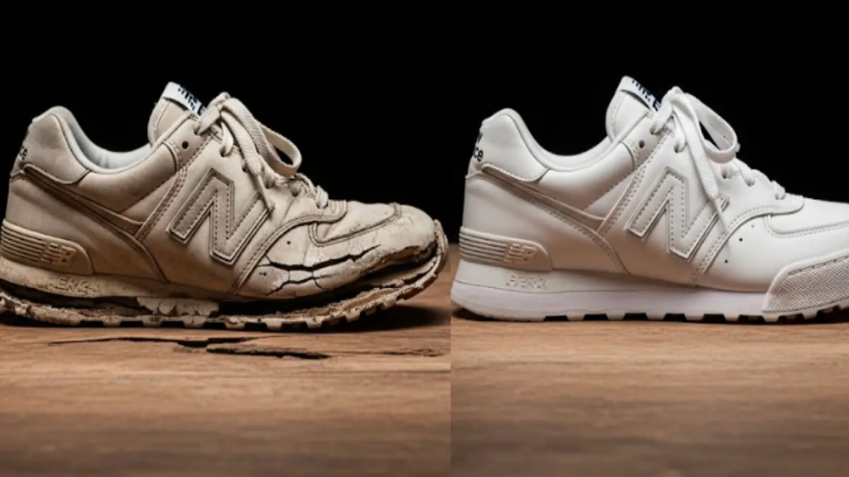 修理前の劣化したニューバランススニーカーと修理後の新品同様の状態の比較