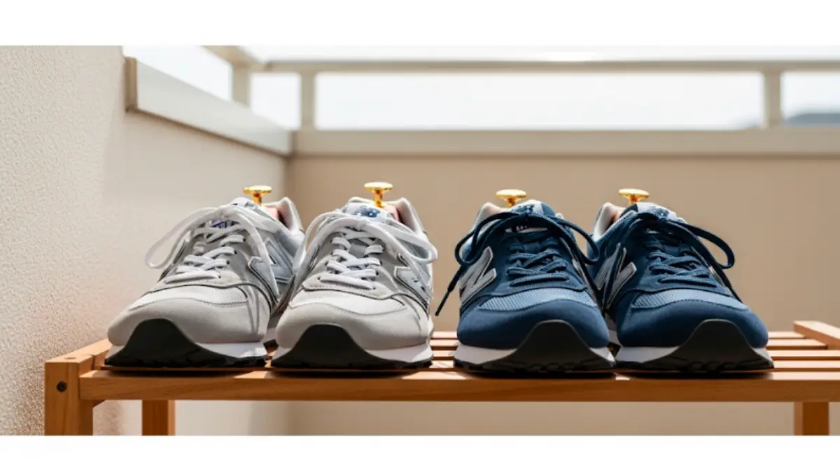 ニューバランススニーカーをシューキーパーに入れて日陰で自然乾燥させている様子