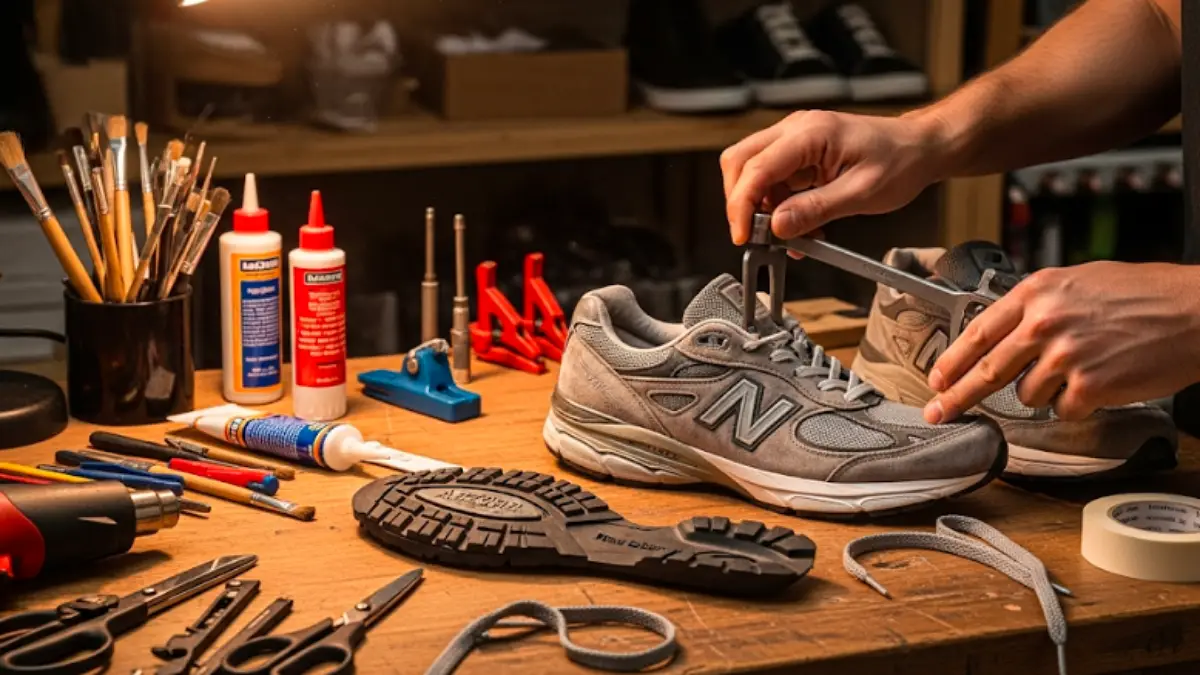 ニューバランスの公式リペア作業で、靴底（ソール）を純正パーツで交換している職人の手元の様子