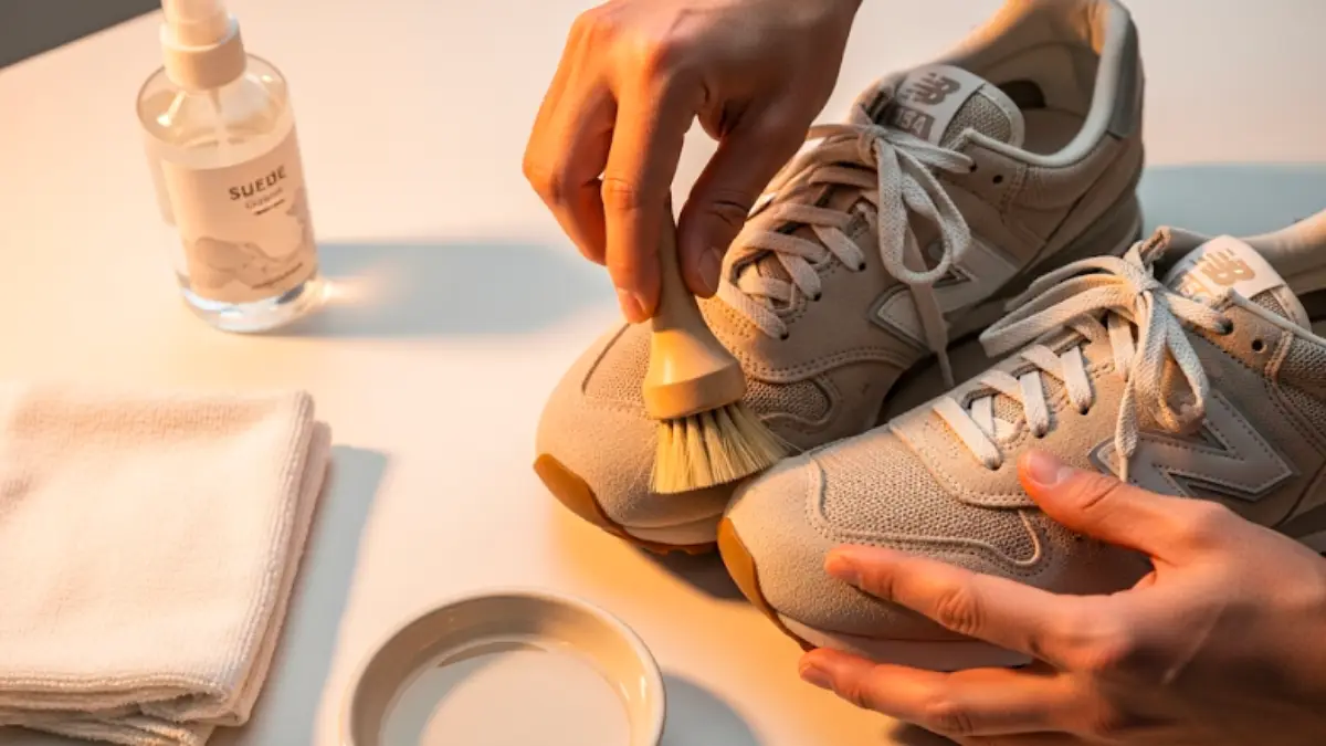 ニューバランス スウェード スニーカーを専用ブラシで優しく毛並みを整えケアしている様子