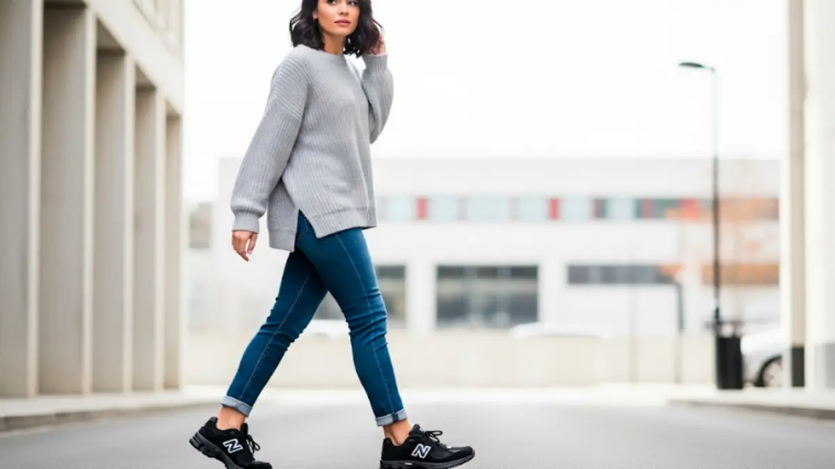 ブラックのニューバランス2002Rをスキニーデニムに合わせた都会的なレディースコーデ