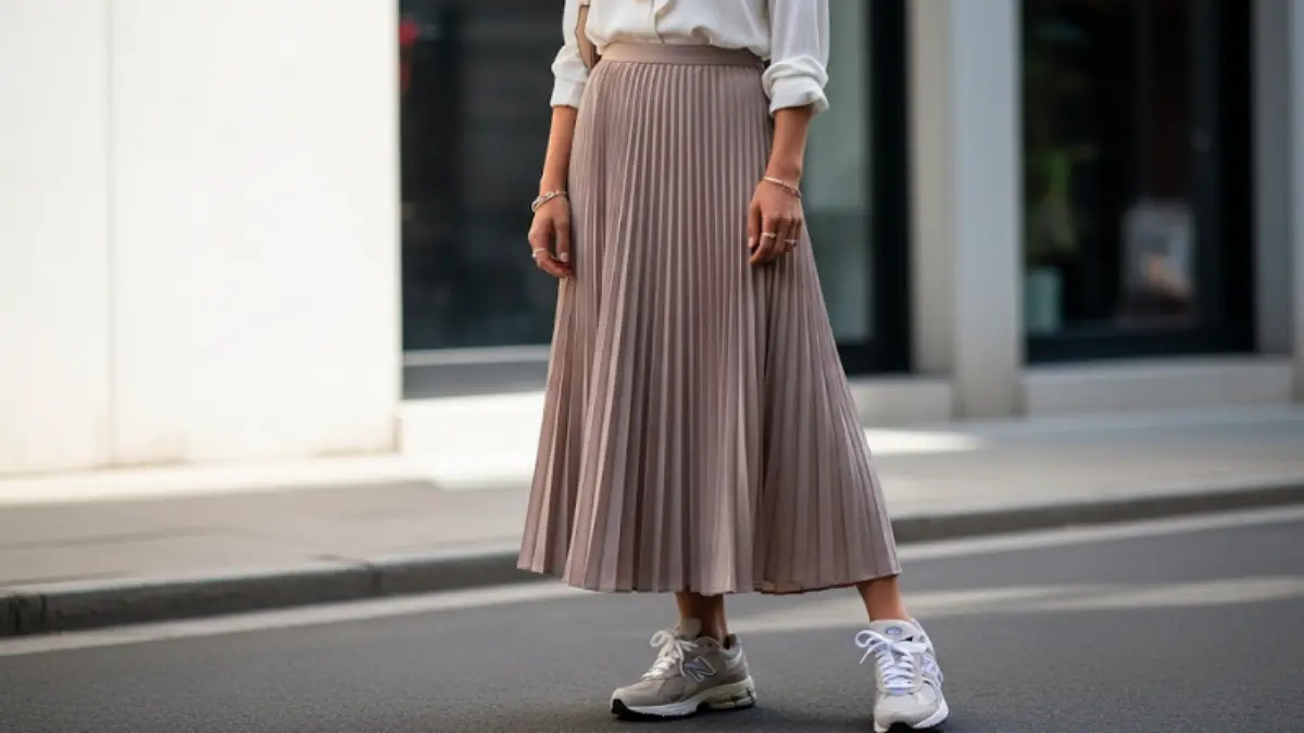 ニューバランス2002Rベージュをロングスカートに合わせたレディースコーデ