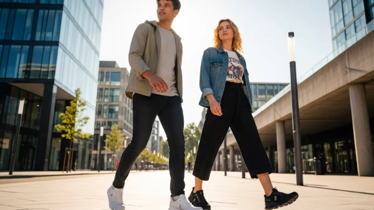 Onスニーカーを履いた男女の街角コーディネートシーン
