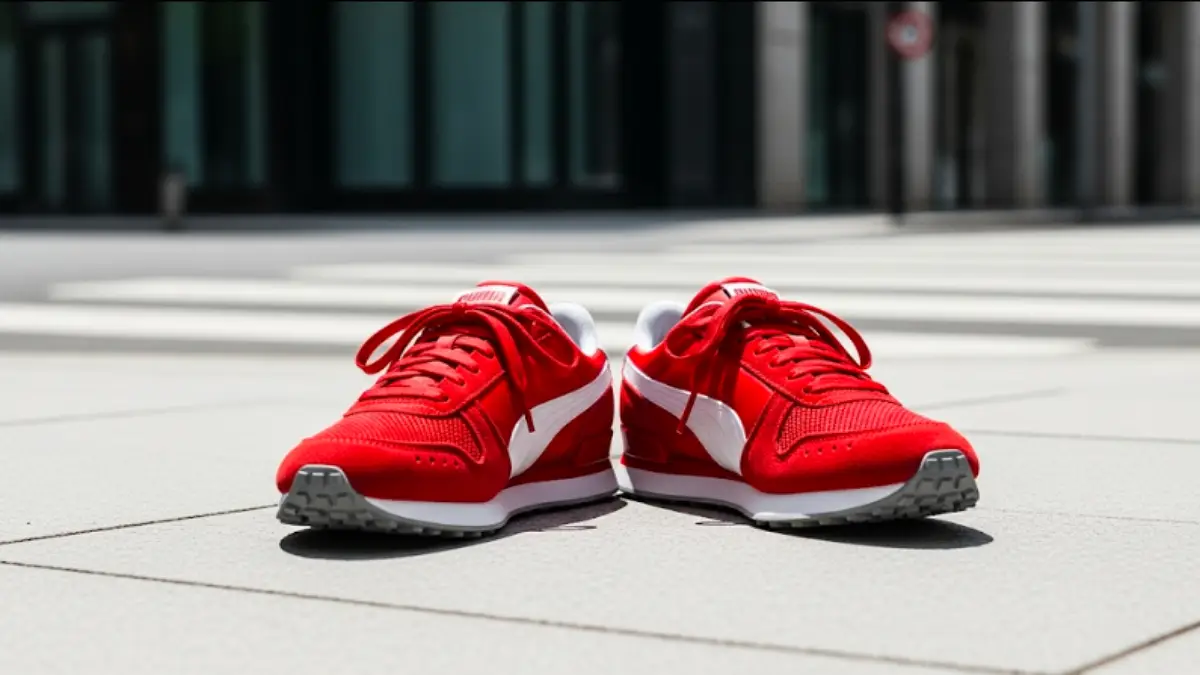 プーマ赤スニーカーを使ったおしゃれコーデのイメージ写真