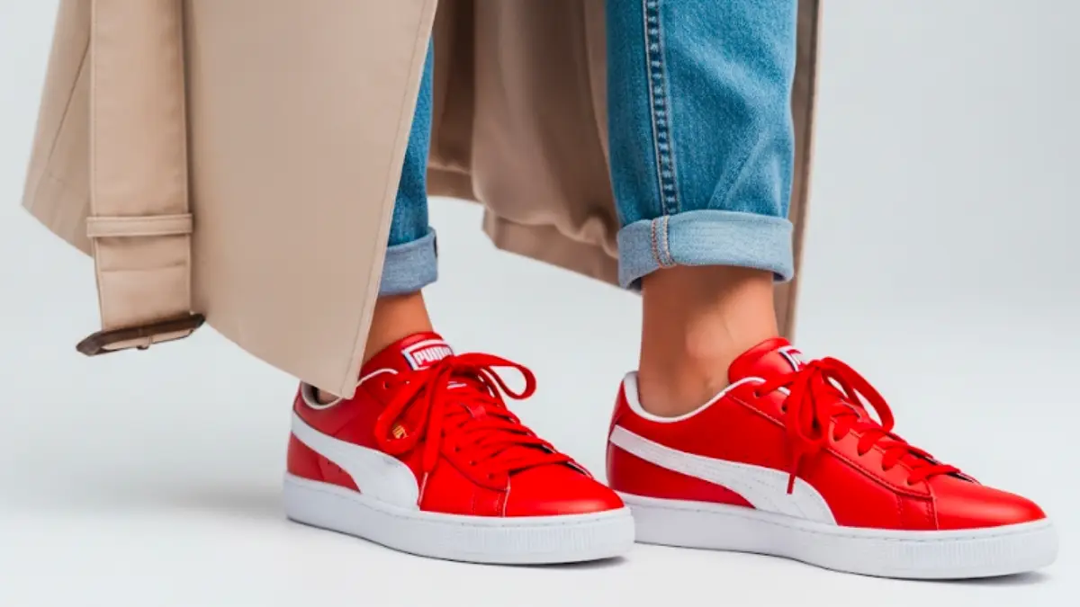 レディースコーデに映えるプーマ赤スニーカーの商品イメージ。白シャツやベージュアウターと相性抜群