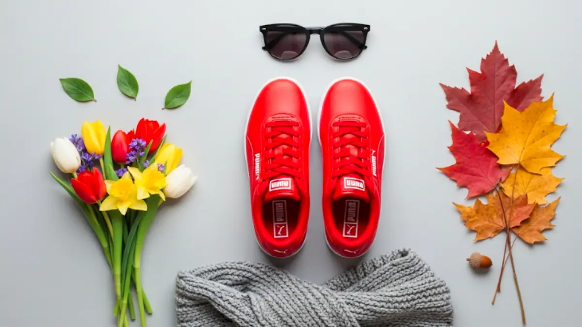 春夏秋冬の季節小物と合わせたプーマ赤スニーカーの商品イメージ。配色と素材で季節感を表現