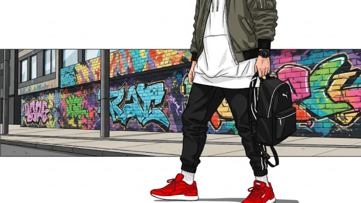 プーマの赤スニーカーを取り入れたストリートファッションコーディネート