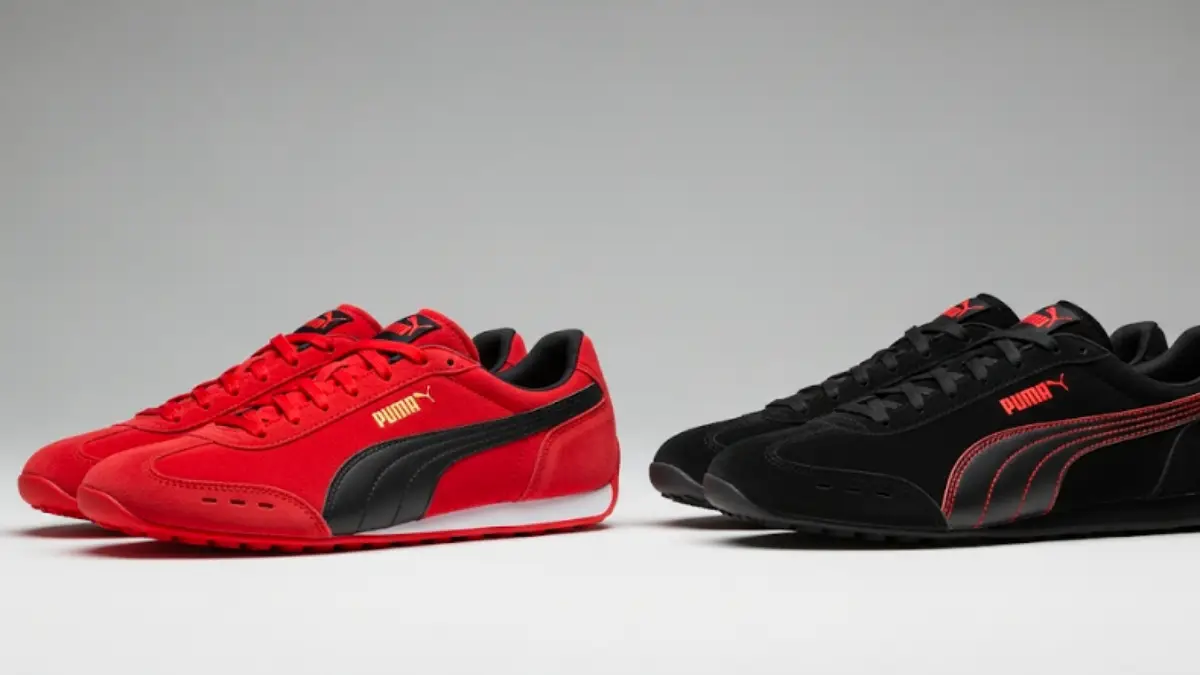 プーマ スピードキャットの人気カラーを比較したイメージ（レッドとブラックを中心にロープロファイル形状とスエード質感を確認できる構図）