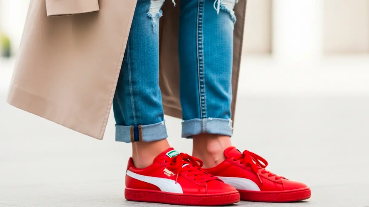 細身のスエードが特徴のプーマ スピードキャット赤スニーカーの商品イメージ。モノトーンコーデの差し色として映える