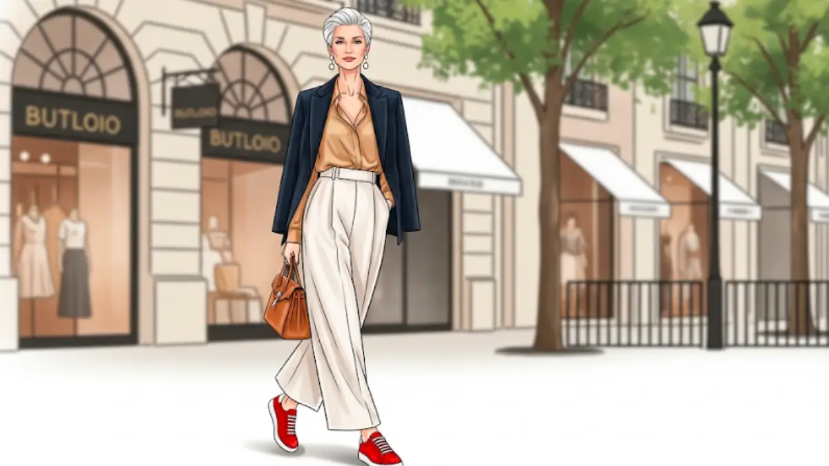 50代女性が赤いスニーカーを上品に取り入れたエレガントなコーディネート