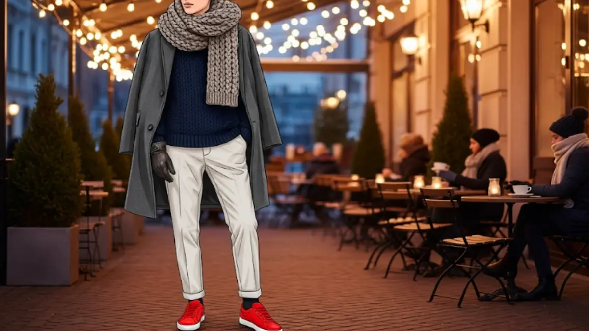冬のコーディネートで赤スニーカーを主役にした暖かみのある配色スタイル