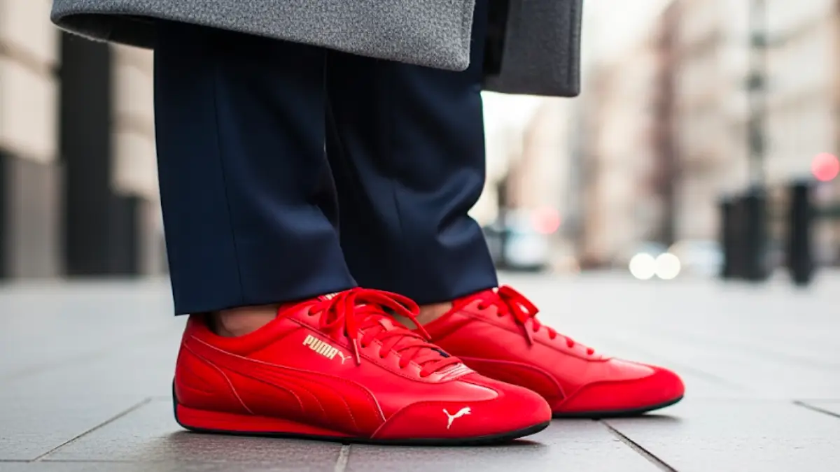 プーマ スピードキャット赤スニーカーとネイビーやグレーのボトムを組み合わせたメンズ向け配色バランスのイメージ