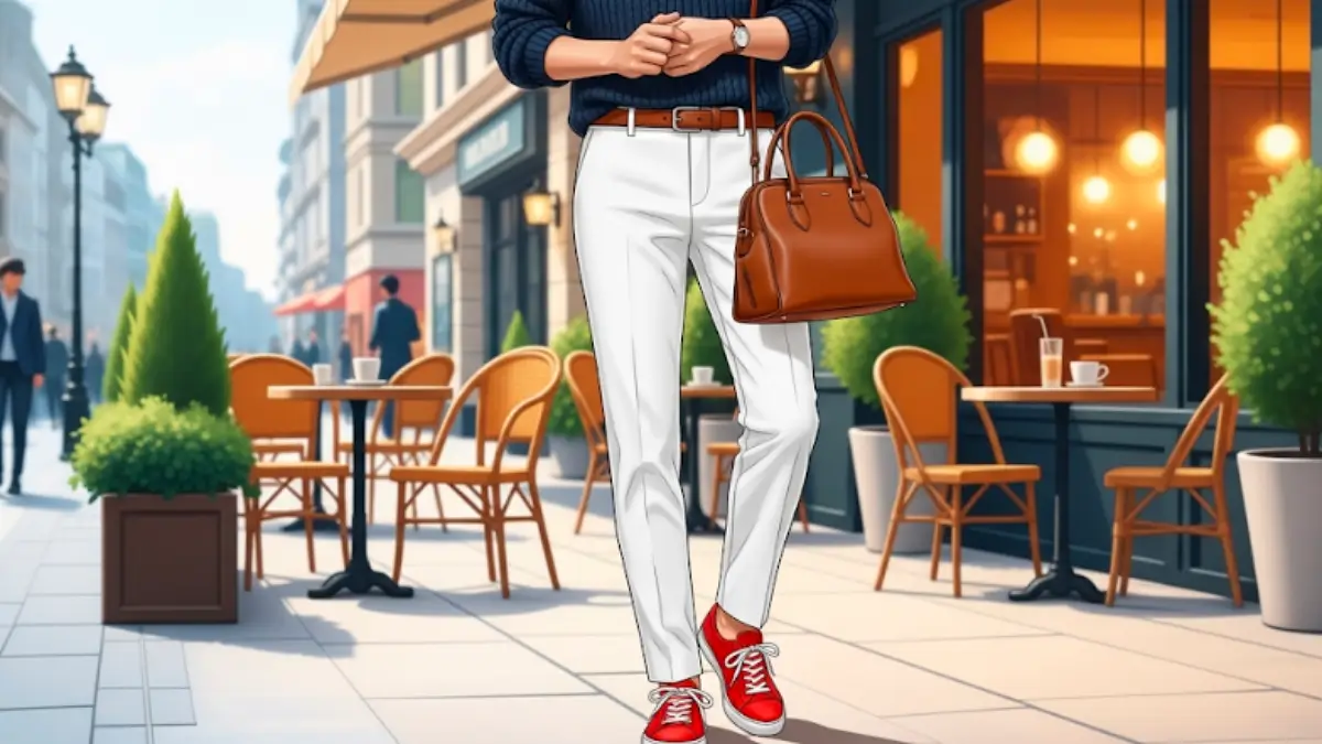 白パンツと赤スニーカーを合わせた清潔感のある好印象コーディネート