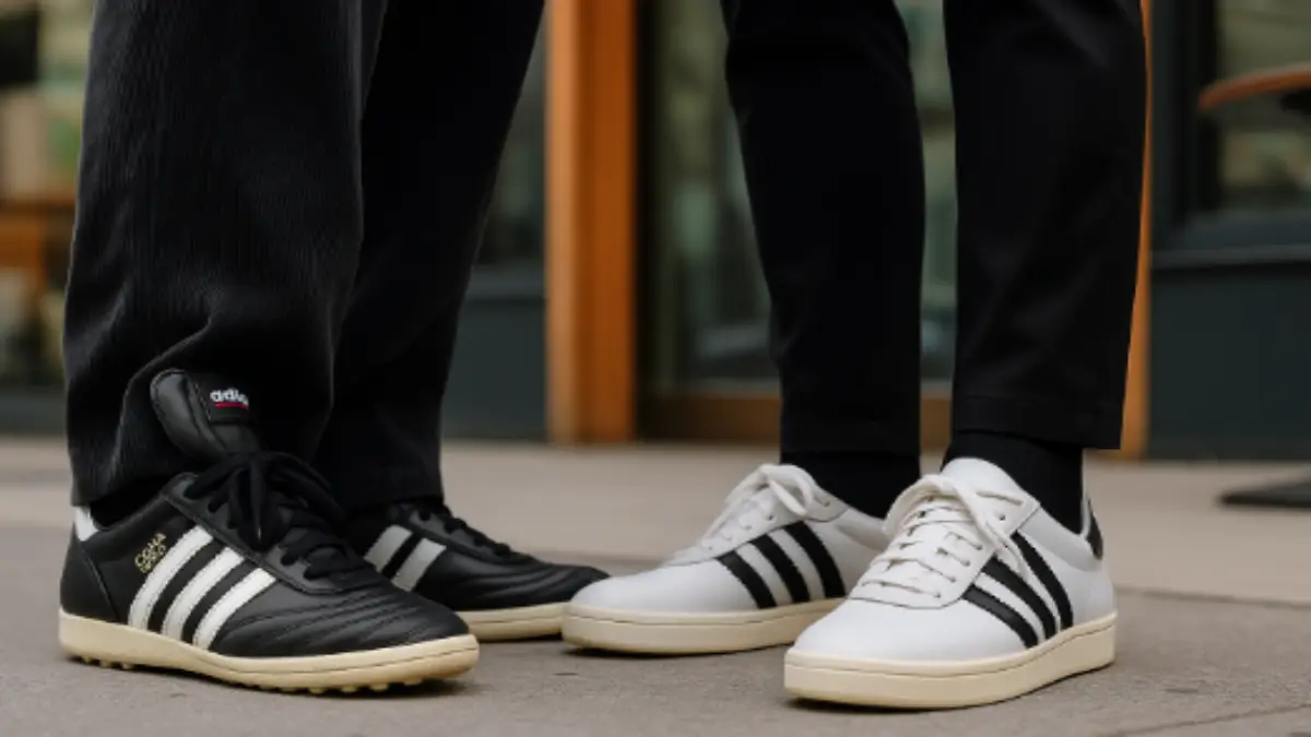 adidas シュータンが長いスニーカーのストリートスタイル。ワイドパンツにCopa Mundialを合わせ、Samba LTはスリムパンツに収納したコーディネート