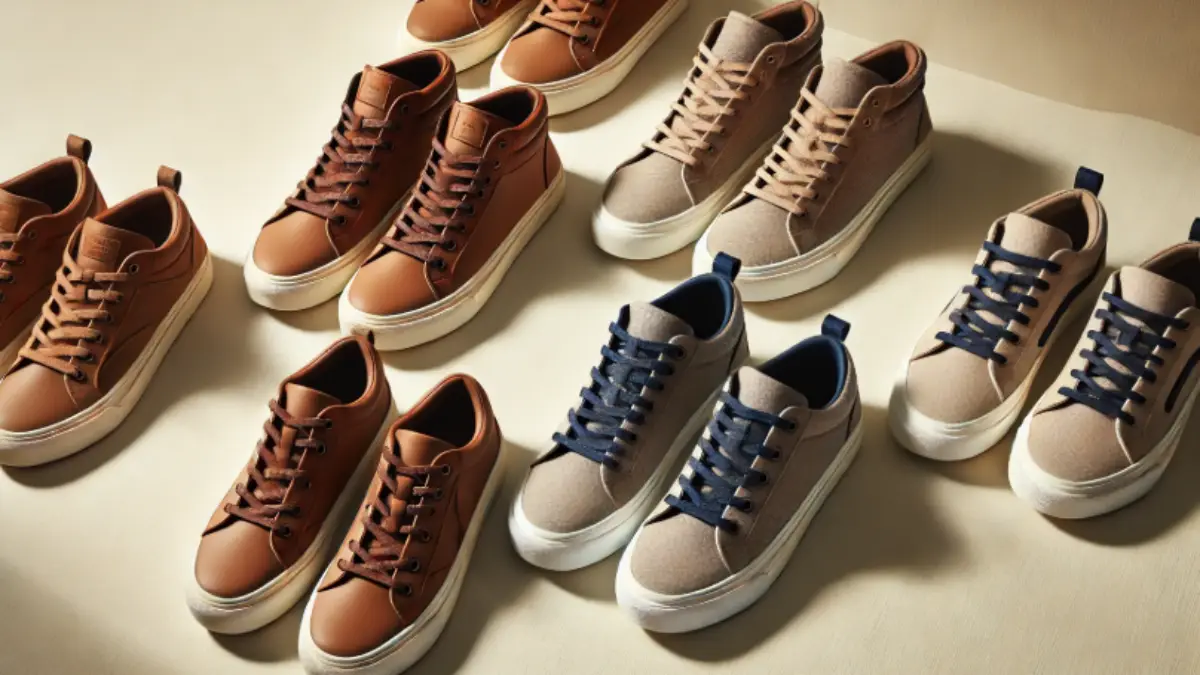 シューレースで印象が変わる!ブラウンスニーカー比較 3種類のシューレースを比較したブラウンスニーカーのフラットレイ画像