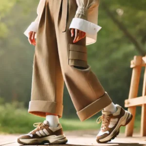 アディダス茶色スニーカーと白シャツの女性コーデ