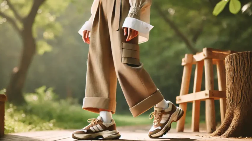 アディダス茶色スニーカーと白シャツの女性コーデ