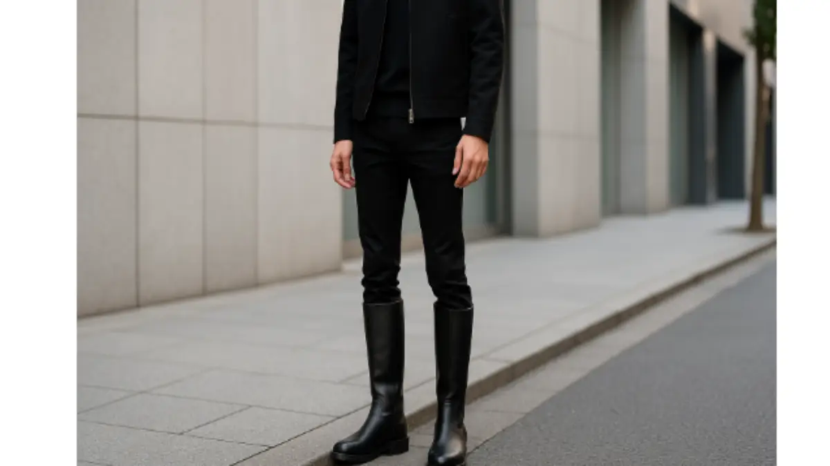 ロングブーツ メンズダサいの印象を避ける黒ロングブーツとスリムパンツのクリーンな着こなし