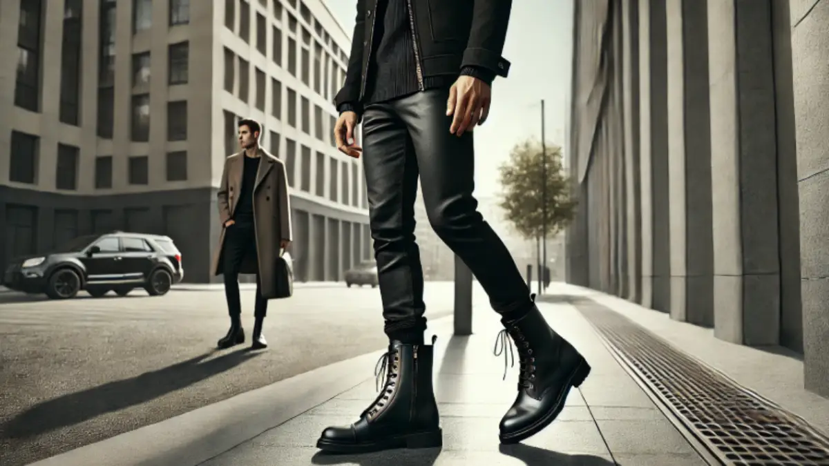 ロングブーツを使ったメンズコーディネートの基本スタイルを示す都会的なストリートスナップ