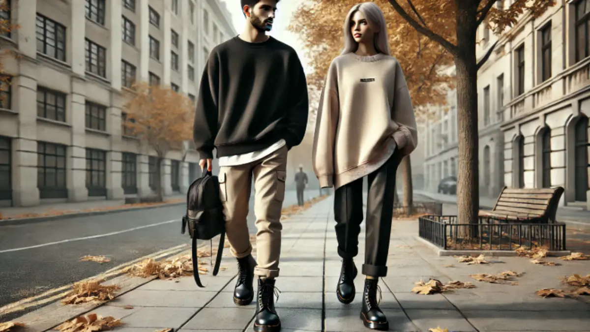 スウェットとドクターマーチンを履いたカップルが都会の街並みを歩くスタイリッシュなシーン