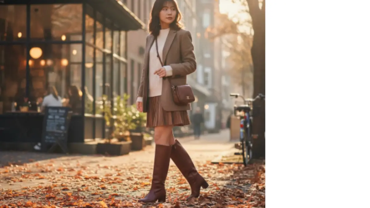 秋のカフェテラスでロングブーツのチャックを整える日本人女性。落ち着いた雰囲気の中で柔らかい日差しが差し込む。