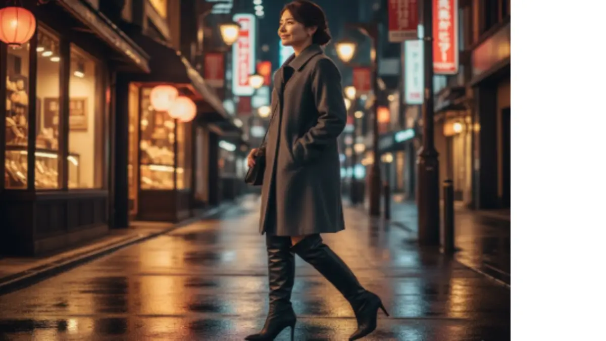 夜の街をロングブーツで歩く日本人女性。ファスナーが閉まらないと感じる時のシーンを写したイメージ。