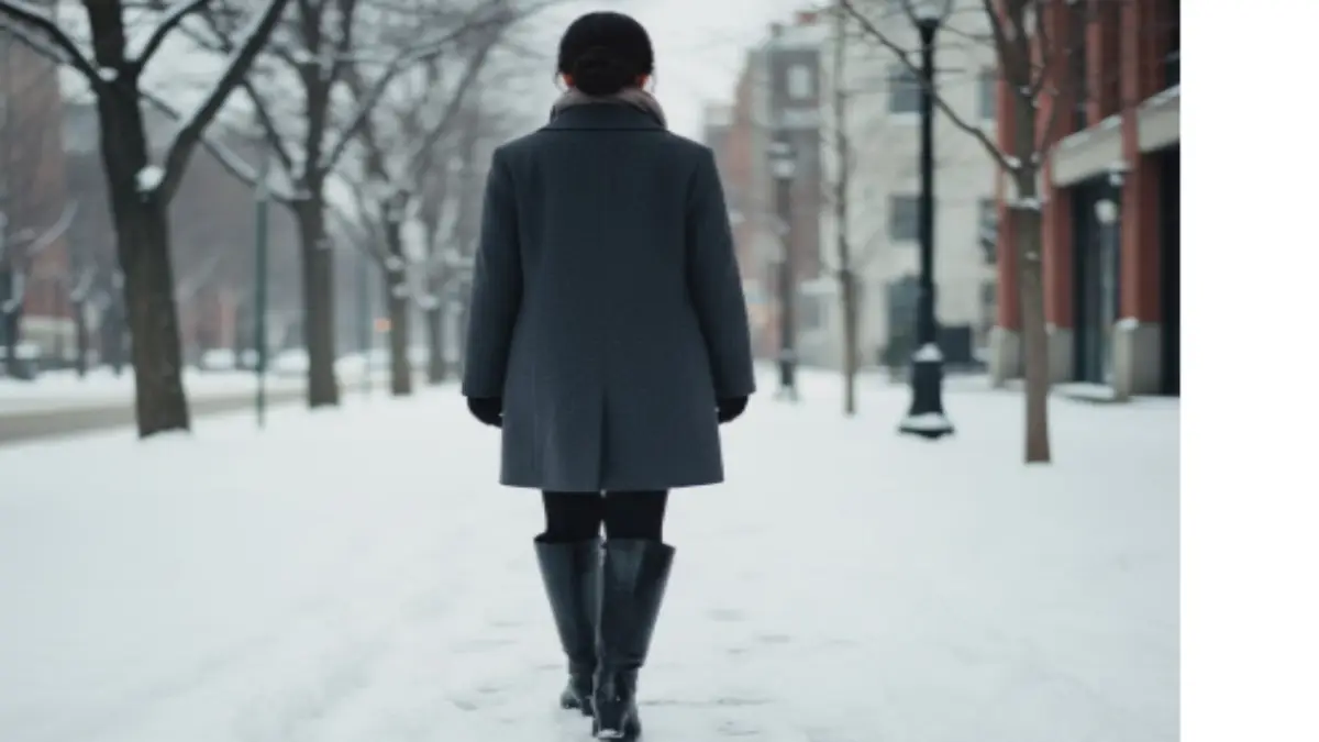 雪の中でロングブーツのチャックを直す日本人女性。冬の街角で温かみのある雰囲気が漂う。